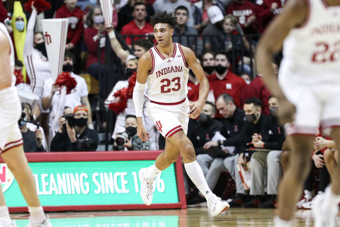 Trayce Jackson-Davis runs across the court in the Indiana, Rutgers matchup.
